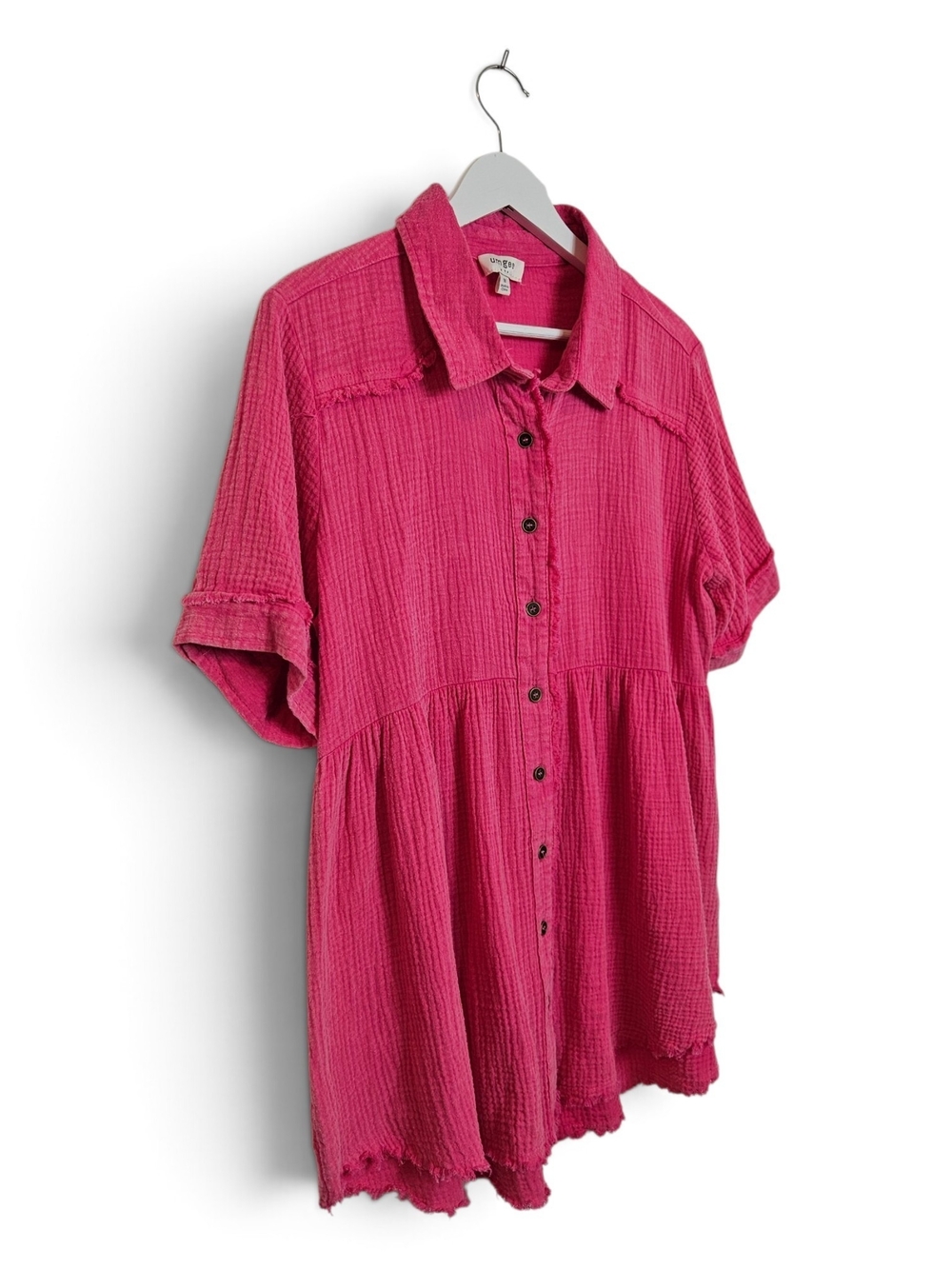 Umgee Tunic Blouse Size M Cotton Gauze Babydoll Frayed Boho Button Down Hot Pink